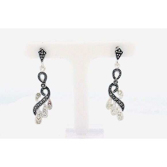 Estate Sterling Silver 925 Marcasite & CZ Drop Dangle Earrings, 4.03g, Push Back - Picture 4 of 8